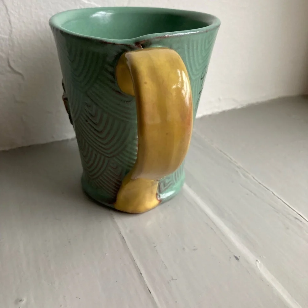 Pottery Mug Artisan Hand Made Flower Decorated- Signed Mandy Baker Clay